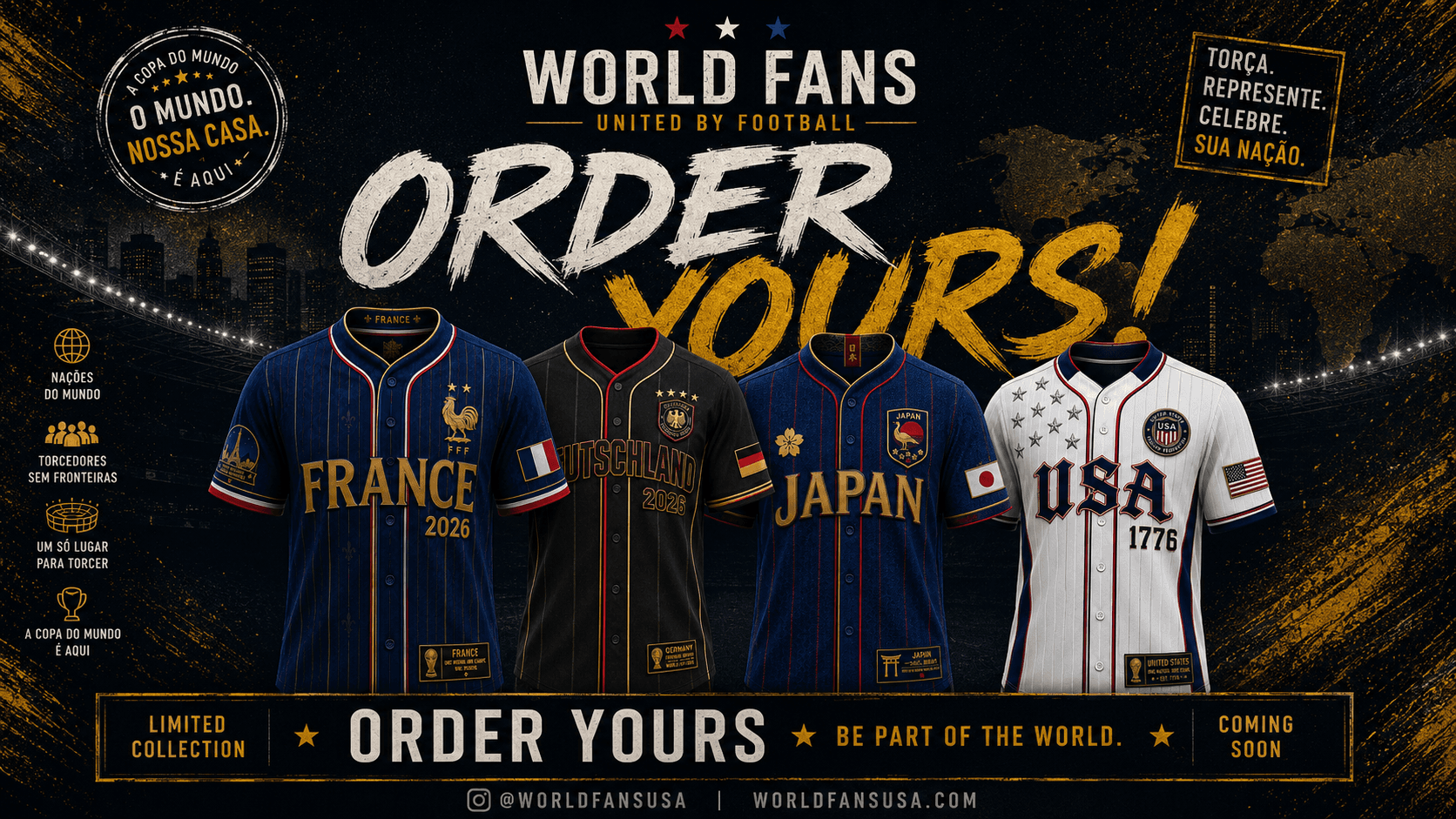 World Fans United — Order Yours · France, Germany, Japan, USA jerseys